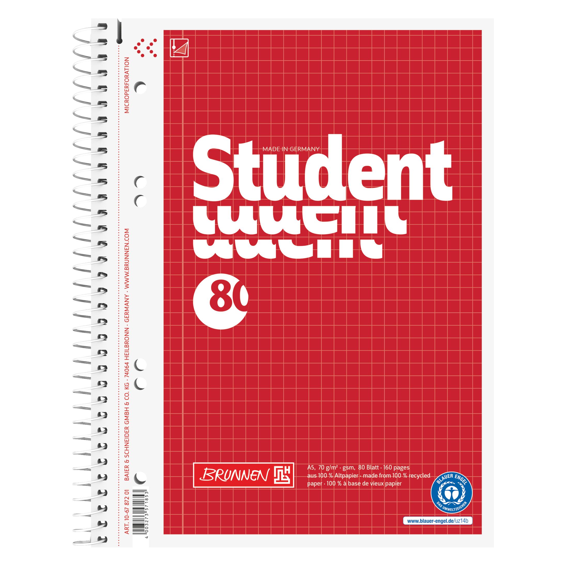 Brunnen Collegeblock Student Recycling DIN A5 kariert 70g/m² rot 80 Bl. (A5, Kariert) (106787201)