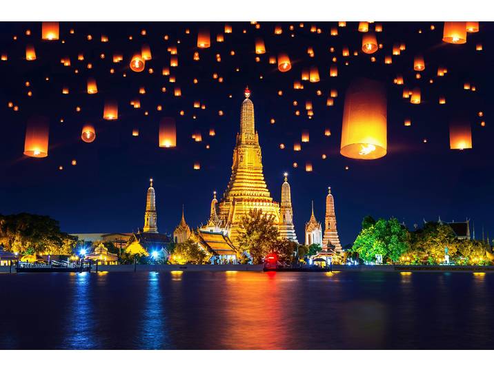 Fototapete PAPERMOON WAT ARUN-TEMPEL DER MORGENRÖTE BANGKOK THAILAND LATERNE , bunt, B:4,5m L:2,8m, Vlies, Tapeten, Fototapete