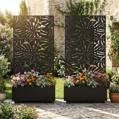 Lumibee 2-Piece Outdoor Metal Pattern Privacy Fence Screen Planter Box