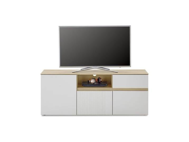 Trendstore Wamila TV-Lowboard – 3 Türen, 1 Schubkasten, 1 offenes Gerätefach Wohnzimmer, Lowboard, flexibler Stauraum, praktisches Gerätefach, Korpus in Eiche Nachbildung, Fronten in Dekor light grey matt Modern