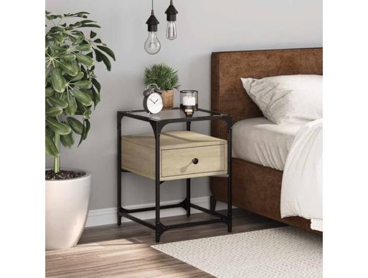 HEFZGDB Nachttisch Sonoma-Eiche 40x40x55 cm Holzwerkstoff mit Glasplatte und Ablage, Stauraum Möbel für Schlafzimmer Wohnzimmer, robust stabil feuchtigkeitsbeständig, Zeitloses