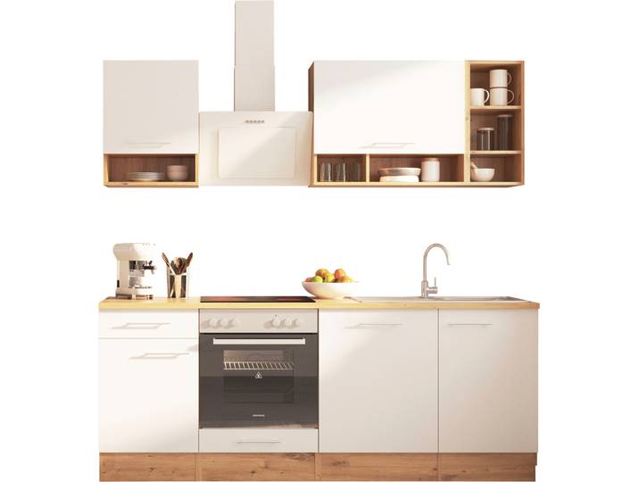Küche RESPEKTA Hilde , weiß (küche: weiß, front: weiß, korpus: wildeiche nachbildung, arbeitsplatte: wildeiche nachbildung), B:220cm H:205cm T:60cm, Komplettküchen-Sets, Breite 220 cm, wechselseitig aufbaubar, exkl. Konfiguration für OTTO