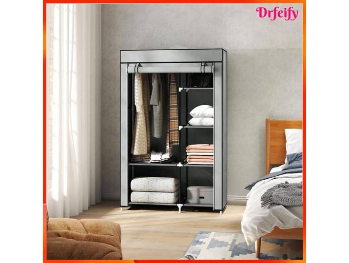 Armoire penderie - AKOZON - 11236 - 6 étagères - 1 barre de penderie - Rideau enroulable gris