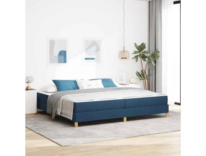 RJPLMFV Stoffbett, Blau, 200 x 200 cm, mit Taschenfederkernmatratze Holzrahmen, mittlere Festigkeit, schwarze Füße, modernes Design