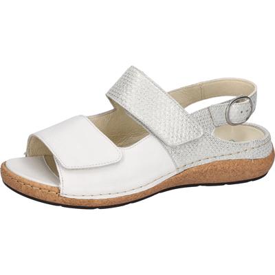 Sandale WALDLÄUFER "K-HELIETT", Damen, Gr. 6 (39), Leder, weiß (sanftes weiß, silberfarben), Nubukleder, Veloursleder, metallic, Schuhe Sandale, Sommerschuh, Keilsandalette, Metallic-Look, in Extraweite K