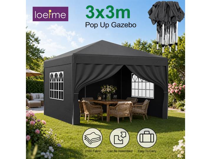 LOEFME Tonnelle Pop-Up 3x3M/2x2M, Abri Extérieur Imperméable, Coupe-Vent et Pare-Soleil avec 4 Parois Latérales Amovibles, Tente Portable pour Fêtes et Camping