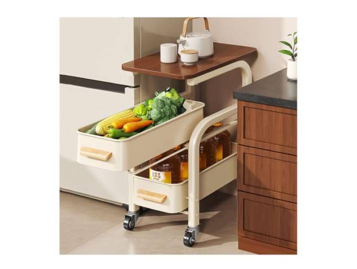 MJJRWF Rollbarer Küchenwagen mit ausziehbaren Schubladen Rollbarer Küchenwagen, ausziehbare Schubladen, Holzplatte, Metallgestell, Sicherheitsriegel(White,26x39x61cm)