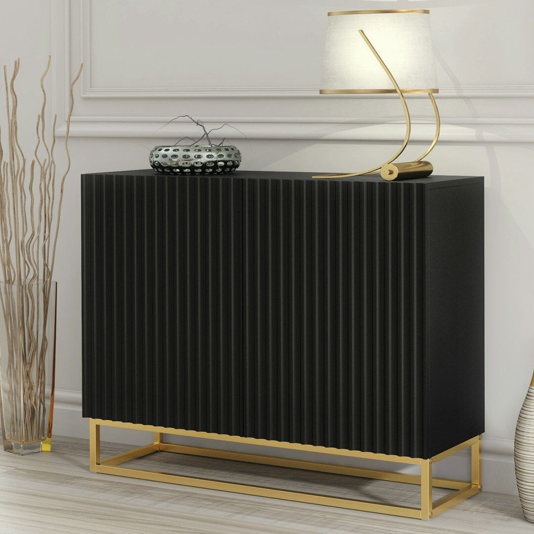 Fairmont Park Modern Sideboard with Fluted Fronts & Gold Legs – 100cm Storage Cabinet Black 80cm H X 100cm W X 35cm D
