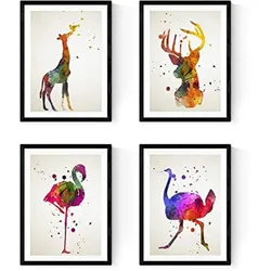 POSTER Set mit 4 Flamenco, Strauß, Hirsch und Giraffe A4 Schwarzer Rahmen