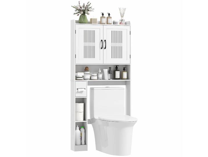 HOMCOM Estantería sobre Inodoro con Estante Ajustable 2 Puertas Soporte para Papel Higiénico y Estantes Abiertos para Baño Blanco