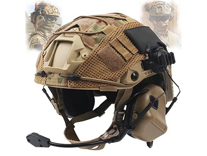 Taktischer Helm Set mit Multicam Airsoft Helm Abdeckung & Militär Headset Adjustable Taktik Fast Protection Helm für Draussen Paintball CS Jagd BBS Spiel