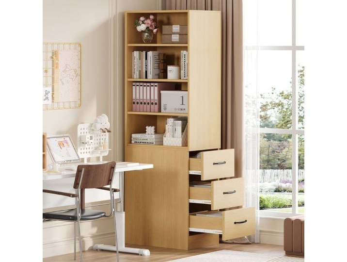 Bibliothèque étroite 180 cm avec tiroirs étagères réglables meuble de rangement haut pour petits espaces chêne