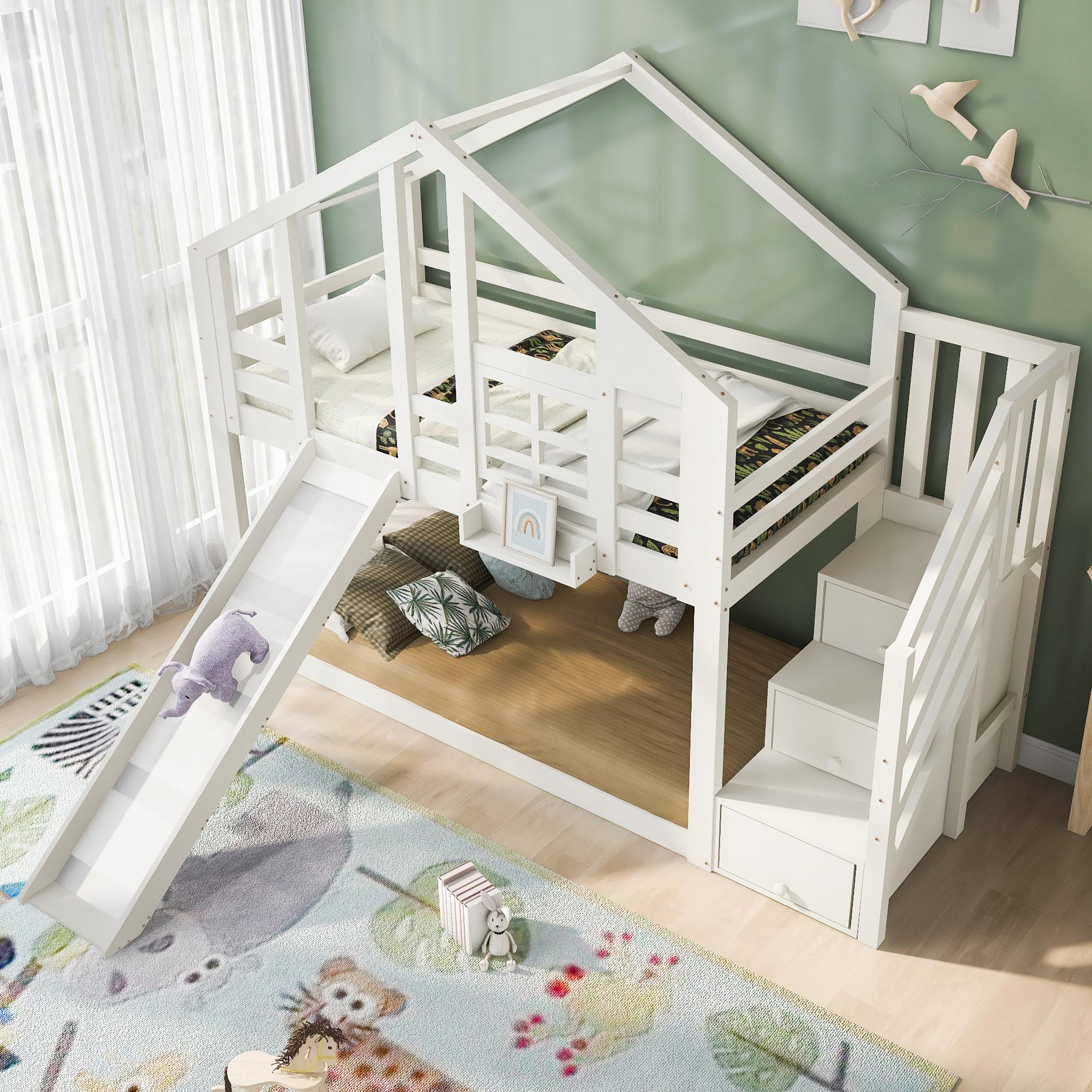 okwish Etagenbett Hochbett 90x200 cm mit Rausfallschutz, Hausbett Baumhaus mit Schublade und 2x Lattenrost, Kinderbett Stockbett(Ohne Matratze)- Weiß
