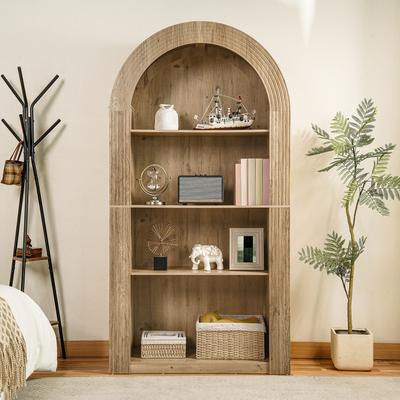 "78.74"" Mid-Century Modern 4-Tier Tall Arched Storage Bookcase with Open Display Shelf."