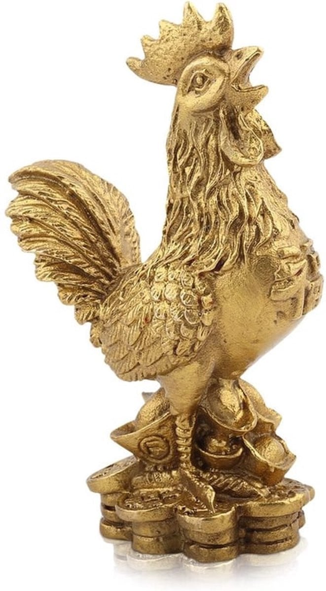 Gouden Messing Kip Standbeeld - Feng Shui Haan Sculptuur - Decoratief Ornament voor op Tafel