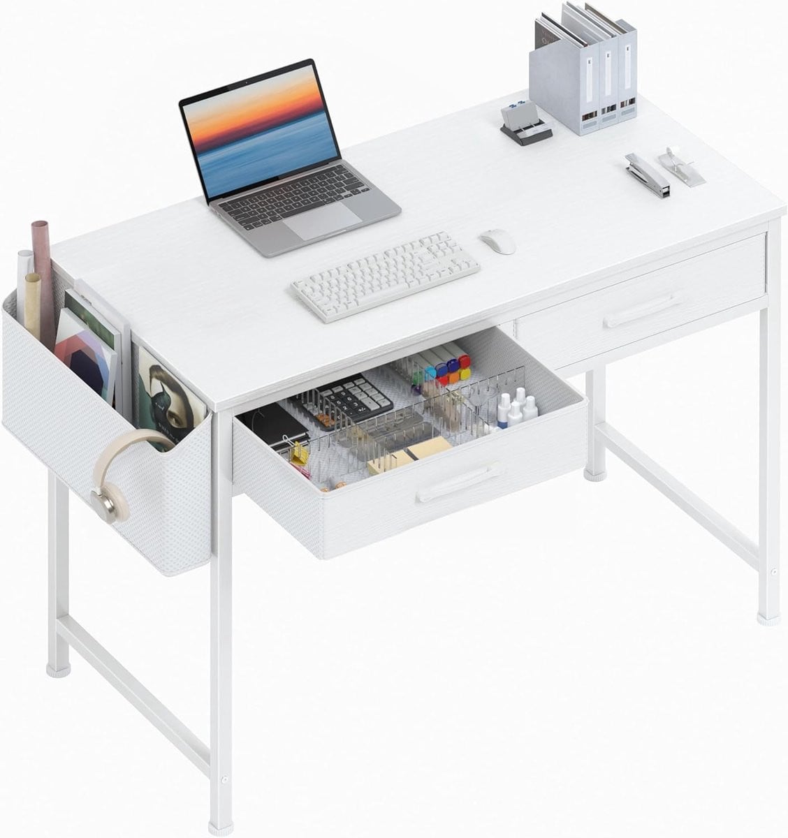 Compact Wit Bureau met Opbergruimte - 92 cm Kleine Make-up Tafel voor Slaapkamer of Studie