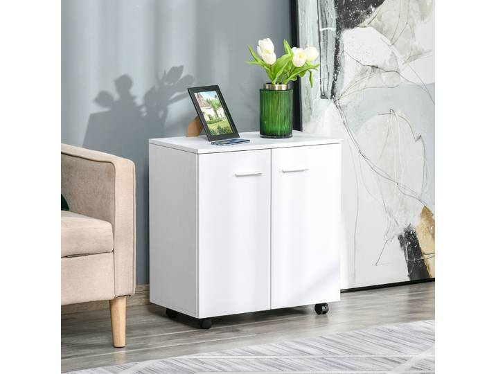 HOMCOM Buffet Bas Roulettes Blanc 60x35x65cm 2 Portes