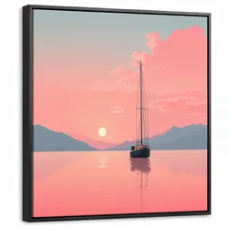 LEINWAND Bilder mit Rahmen - Segelboot - Rosa Meer - Sonnenuntergang - Berge - 50x50