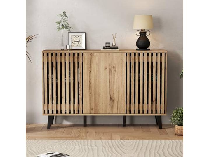 Merax Sideboard 150x40x95 cm – Moderner Wohnzimmer Schrank Holzoptik mit 3 Türen & 6 Fächern, TV Lowboard Beistellschrank Kommode mit offenen & geschlossenen Ablagen, stabile PVC Beine