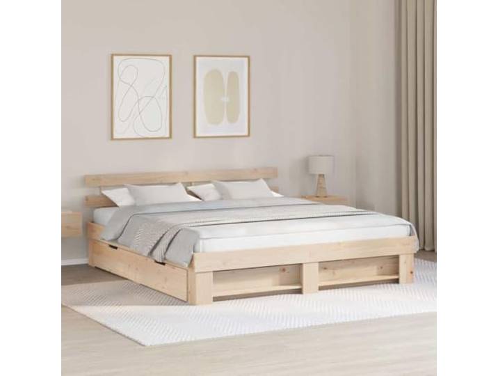 YUTAASU Bettrahmen mit Kopfteil Braun 200x200 cm Massives Kiefernholz Mit 2 Schubladen, Lattenrost inklusive, Betthöhe 31 cm, Stabile Konstruktion, Pflegeleicht