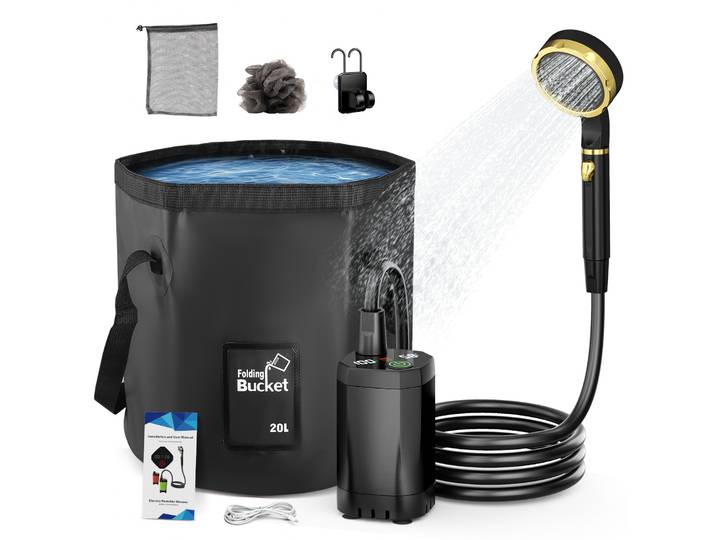 Douche de Camping Portable avec pompe Rechargeable, Kit de douche extérieure 6000mAh avec sac pliable de 20L pour voyage, jardin et lavage de voiture