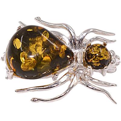 Brosche FIRETTI "Schmuck Geschenk Silber 925 Ansteckschmuck Spinne", bunt (silberfarben, grün, grün), Broschen, Damen, Silber 925 (Sterlingsilber), Brosche, Made in Germany - mit Bernstein