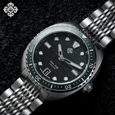 DynamicDeals New Men Automatic Mechanical Watch, Dragon Scale Pattern Diving Watch, 20Bar Stainless Steel BWG 9 Reloj Hombre green Wave Patterns