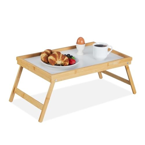 Relaxdays inklapbare bedtafel van bamboe in beige en wit