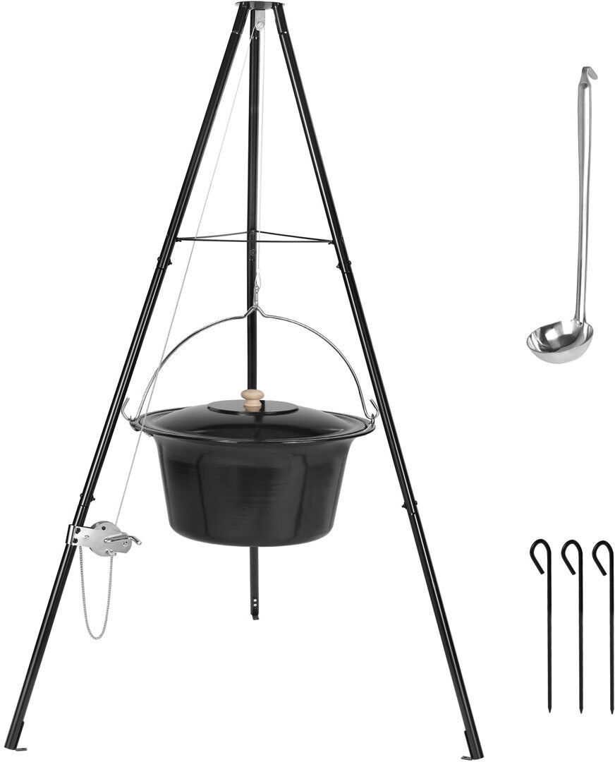 LIFERUN Goulash Pot With Tripod And Spoon, Original Hungarian Goulash Kettle, With Height-Adjustable Chain, With Ground Spikes, Kettle Goulash Pot Set, Enamel Black 30/25cm H x 52cm W