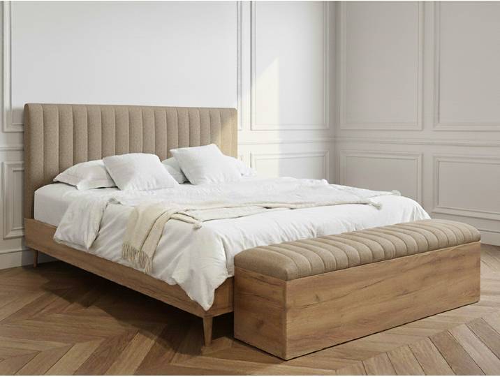Lit OCEANE avec lattes massives tissu texturé + Bout de lit OCEANE 160x200