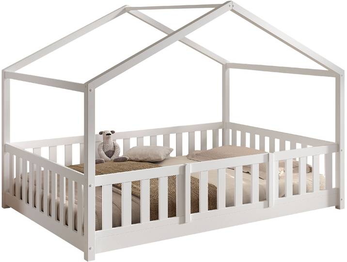 Hausbett VIPACK Dallas, Massivholzbett mit Dachaufbau umbaubar vom Boden- zum Daybett , weiss (kiefer weiß, kiefer weiß, kiefer weiß), B:147cm H:170cm L:210cm, Betten, Hausbett, mit Bettschublade, wahlweise Kiefer massiv natur oder weiss