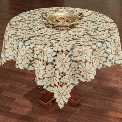 Touch of Class "Winter Poinsettia Cutwork Table Topper Ivory 52"" Square, 52"" Square, Ivory"