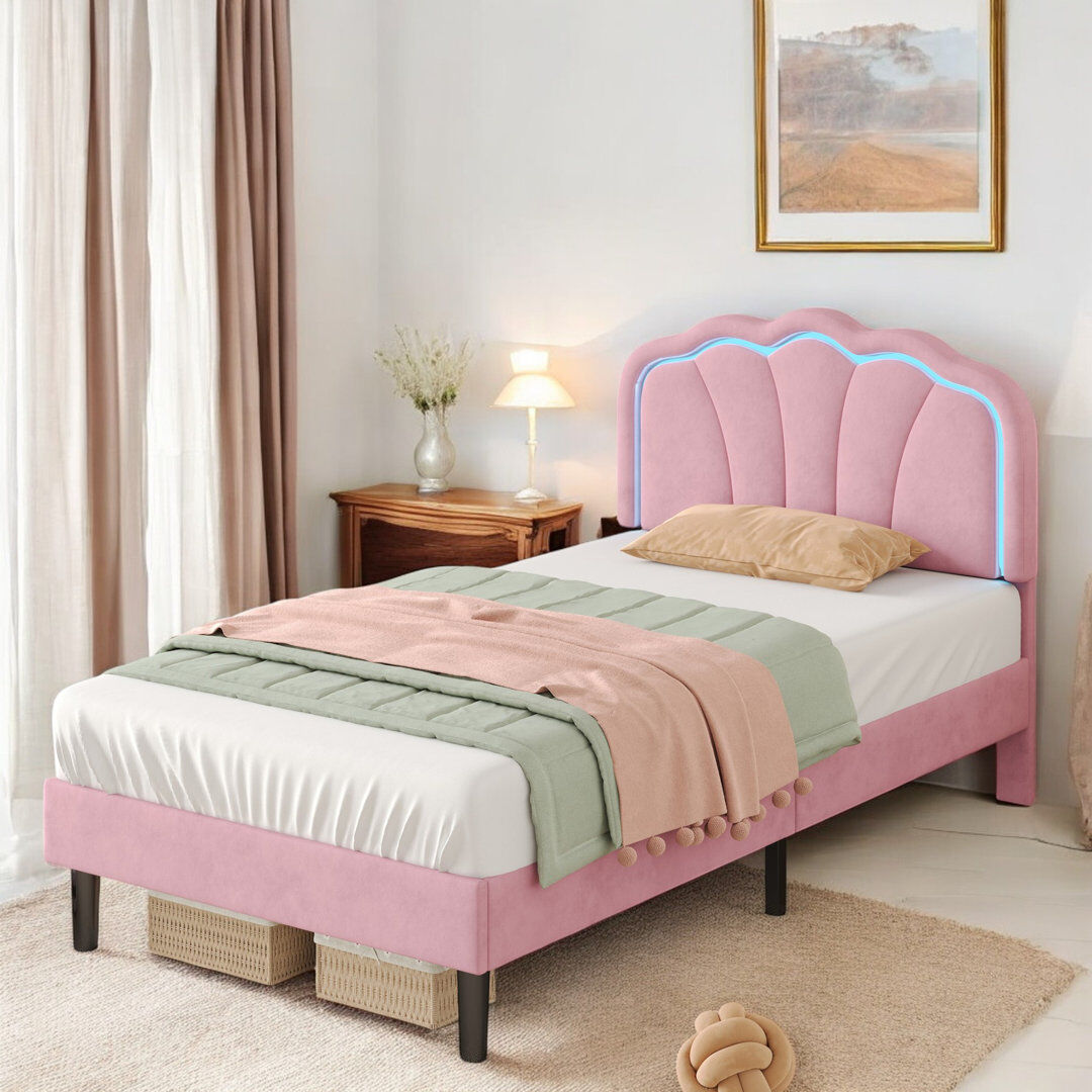 Metro Upholstered Bed Pink Velvet With LED Adjustable Shell Shape Headboard (No Mattress) Pink Single (3')