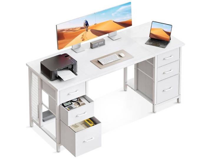 Bureau Avec 6 Tiroirs 160X52 Cm Bureau Informatique Avec Rangement Bureaux Blanc Pour Le Bureaux À Domicile