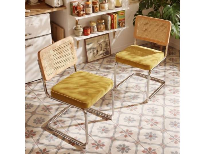 Esszimmerstühle 2er Set, Freischwinger mit Rattan-Rückenlehne, Gelb Moderner Freischwinger mit bequemer Velours-Sitzfläche, verchromter Stahlrahmen, Mid-Century Stil für Küche und Esszimmer
