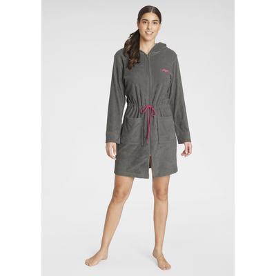 Damenbademantel KANGAROOS "Kira, ideal für Sauna & Spa, Hotelbademantel, Morgenmantel" Gr. M, grau, L:90cm, Leichtfrottier, Hausmäntel, mit Bindekordel, kurz, Bademäntel für Damen, XS-3XL