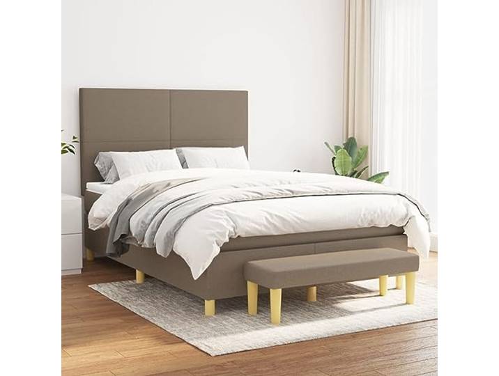 RJPLMFV Bettgestell, Stoff, Taupe, 140 x 200 cm Verstellbarer Kopf, Taschenfederkernmatratze, mittlere Härte, Sitzbank