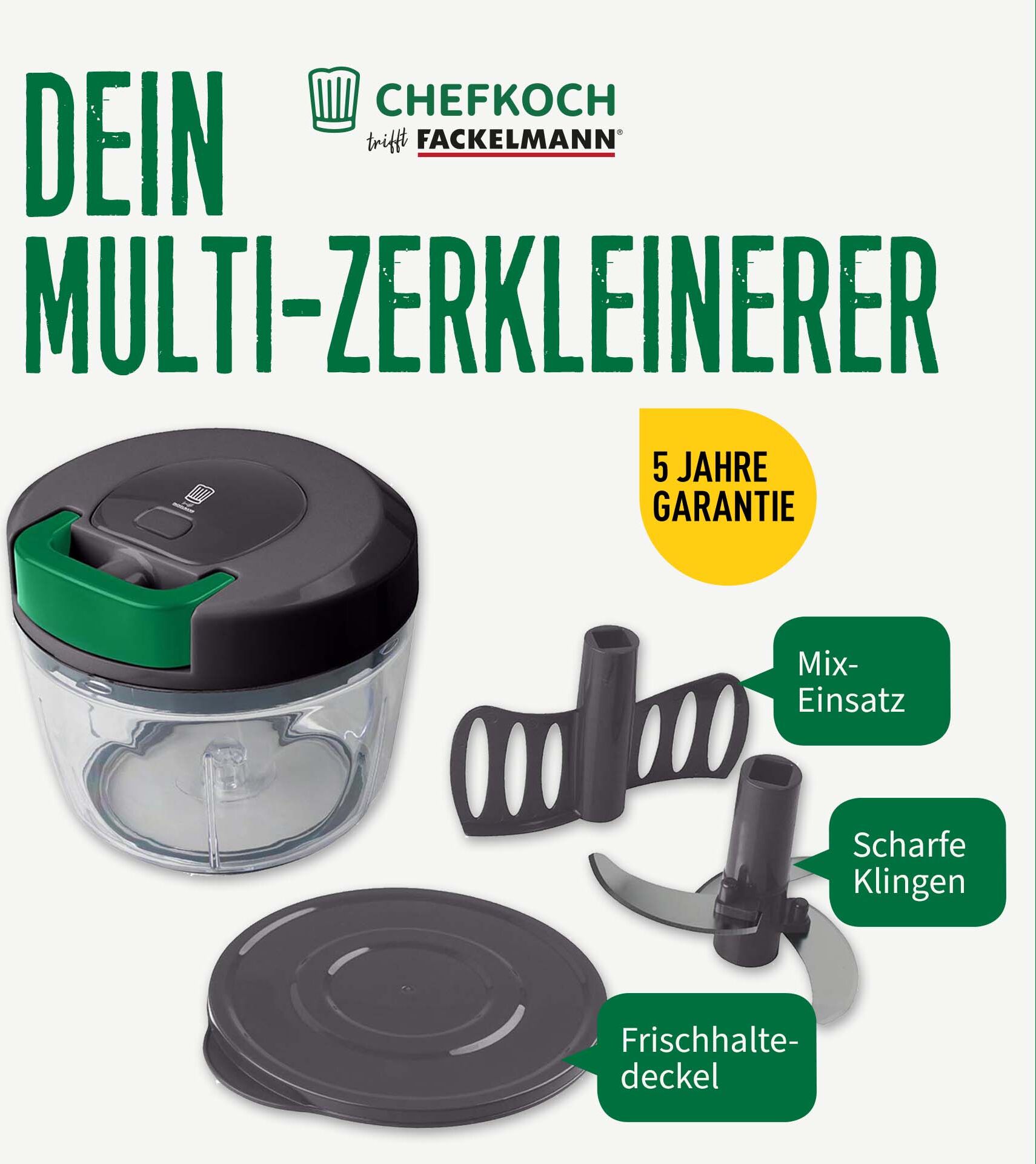 Zerkleinerer "Multi-Zerkleinerer, 5-teilig – für Gemüse, Obst & Kräuter", grau (grau, grün), H:13cm, CHEFKOCH TRIFFT FACKELMANN, Zerkleinerer, Zerkleinerer, inklusive Mix-Einsatz zum Verrühren und Aufschlagen von Flüssigkeiten