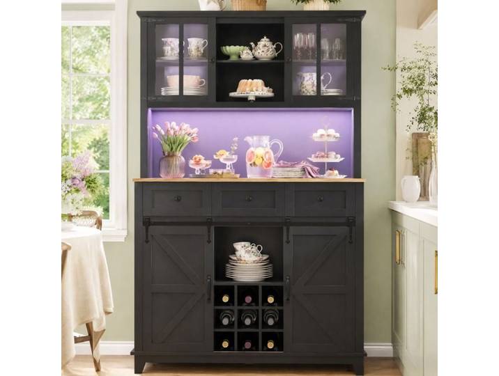 Buffet de cuisine vaisselier meuble vitrine LED portes vitrées commande app noir 105x38 4x180 cm MDF métal FOLYNA