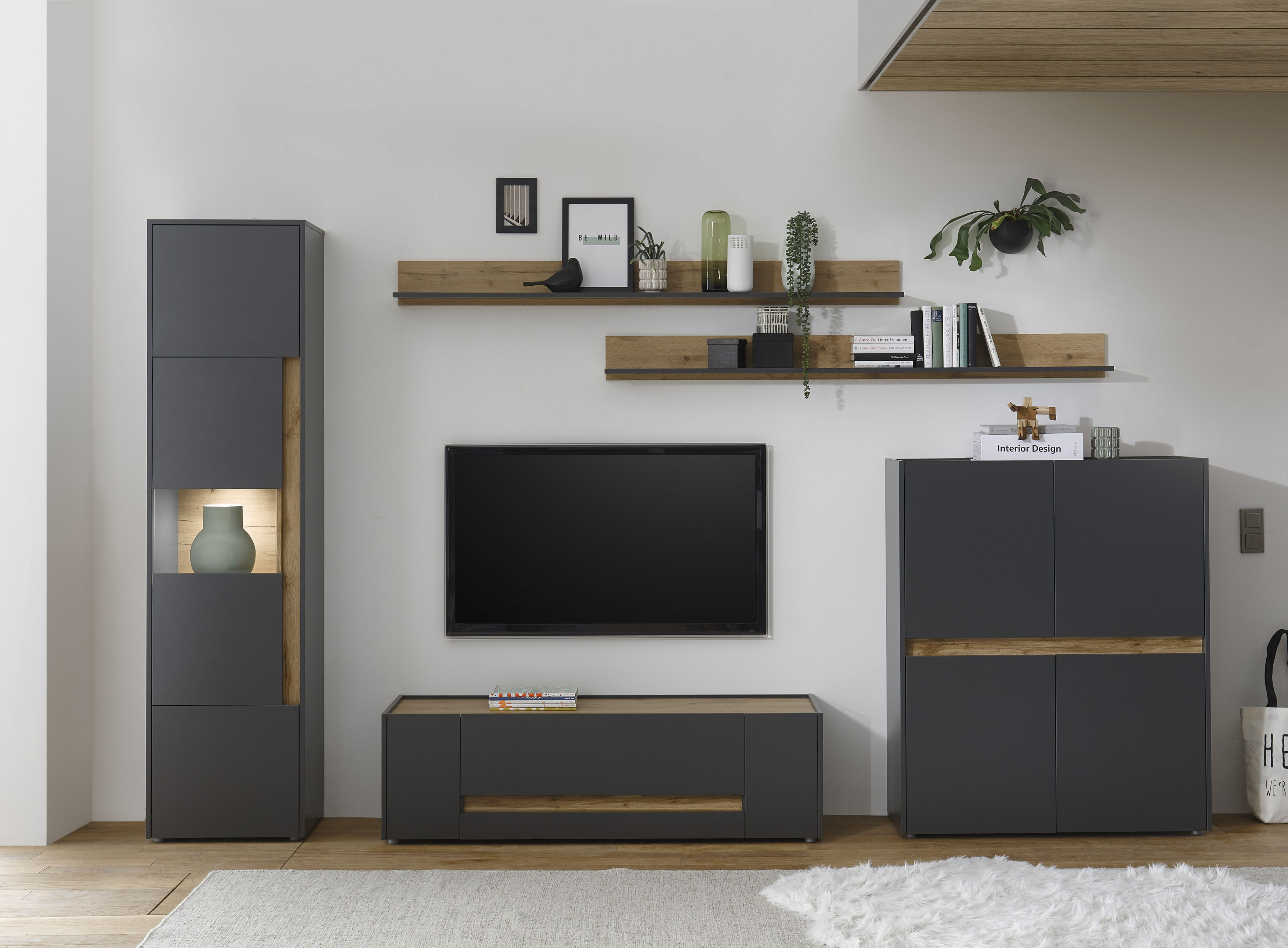 Wohnwand HOME AFFAIRE "City/Giron", grau (anthrazit), B:350cm H:197cm T:45cm, Kastenmöbel-Sets, Wohnwand anthrazit B/H/T: 350cmcm x 197cmcm x 45cmcm