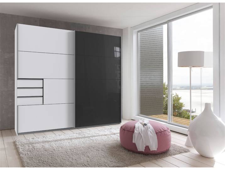 Schwebetürenschrank, Spanplatte, Weiß/Glas Sandgrau, 225×208×64 cm, 2 Türen, Wimex Saigon
