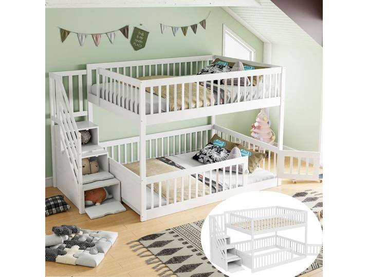 Lit superposé 140x200cm Certifié EN747 - Escalier avec tiroirs - Bois blanc - Sécurité enfants