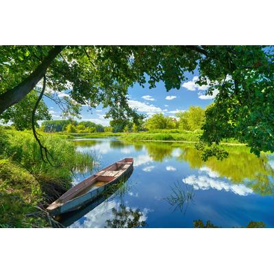 Fototapete PAPERMOON "FRÜHLINGS-LANDSCHAFT-FLUSS BOOT BÄUME STRAND UFER WALD", bunt, B:4,5m L:2,8m, Vlies, Tapeten