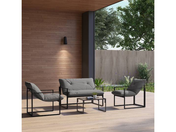 Outsunny Salon Jardin 4Pcs Gris Canapé 2 Places+2 Fauteuils+Table
