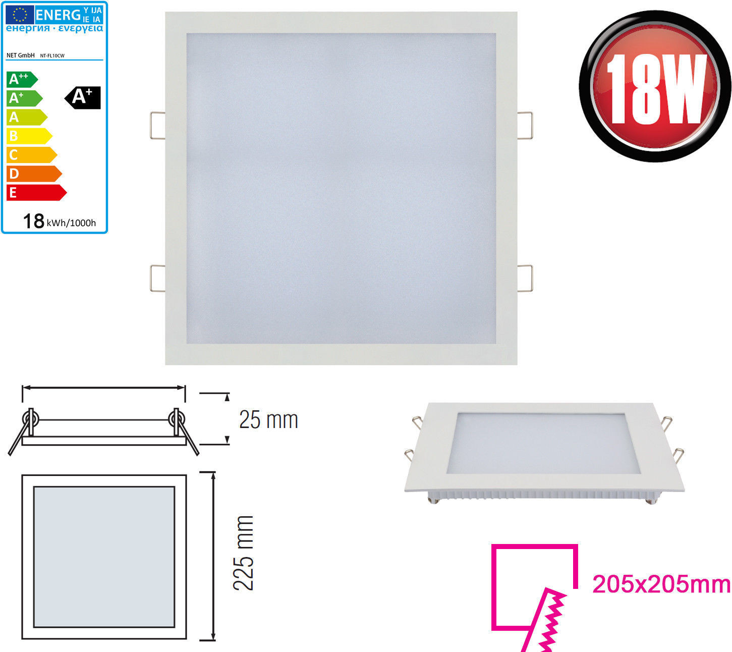Braytron Set van 5x 18W LED Inbouwpanelen, Koud Wit, 225 x 225 mm, 1360 Lumen, Vierkante Plafondlampen