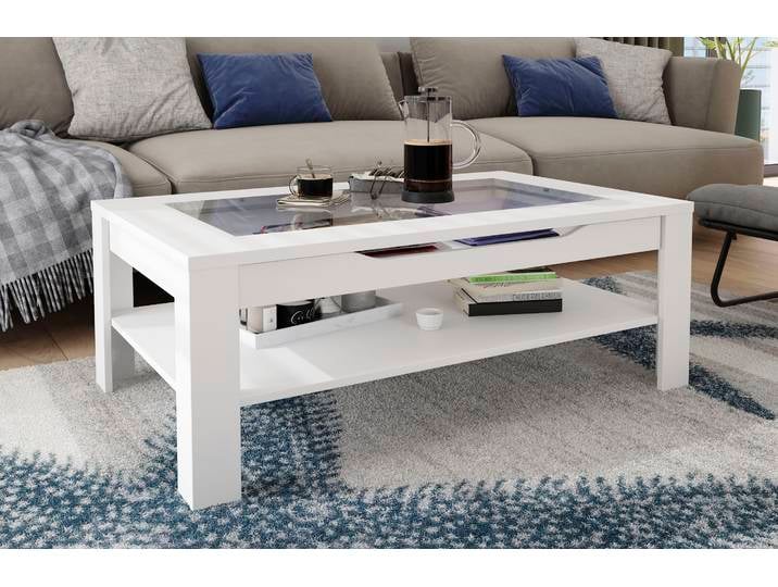 Couchtisch BYLIVING Ralph , weiss (weiß, weiß, weiß), B:110cm H:43cm T:67cm, Tische, Couchtisch, Breite 110 cm, mit Glaseinsatz und Schubkasten