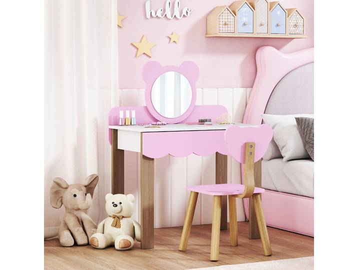 AIYAPLAY Coiffeuse Enfant Rose avec Tabouret et Miroir Ours