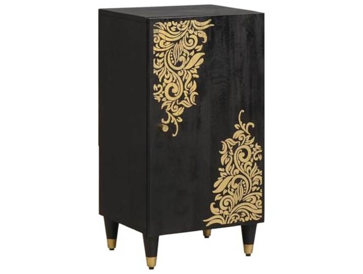 GHVBNMF Sideboard Schwarz 40x33x75 cm Kommode aus Massivholz Mango Kompakter Beistellschrank mit edlem Goldmuster und Messingfüßen, ideal für schmale Nischen in Flur und Schlafzimmer.