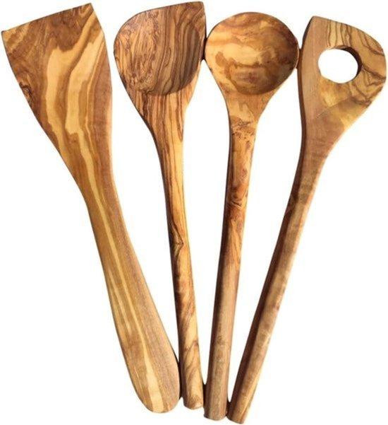 Set van 4 olijfhouten kooklepels met ronde spatel, hoekspatel en risotto lepels