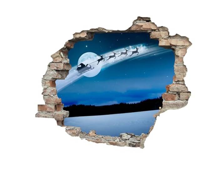 Queence 3D-Effekt Weihnachten ca. 60x50 cm Wandtattoo Wanddurchbruch Weihnachten Durchbruch selbstklebendes Wandbild Wandsticker Tattoo (Schlitten)